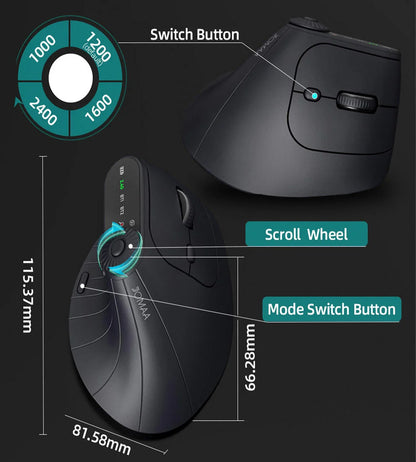 Ratón gaming vertical inalámbrico silencioso RGB BT de 2.4GHz, doble modo, ergonómico, para portátil, escritorio y oficina