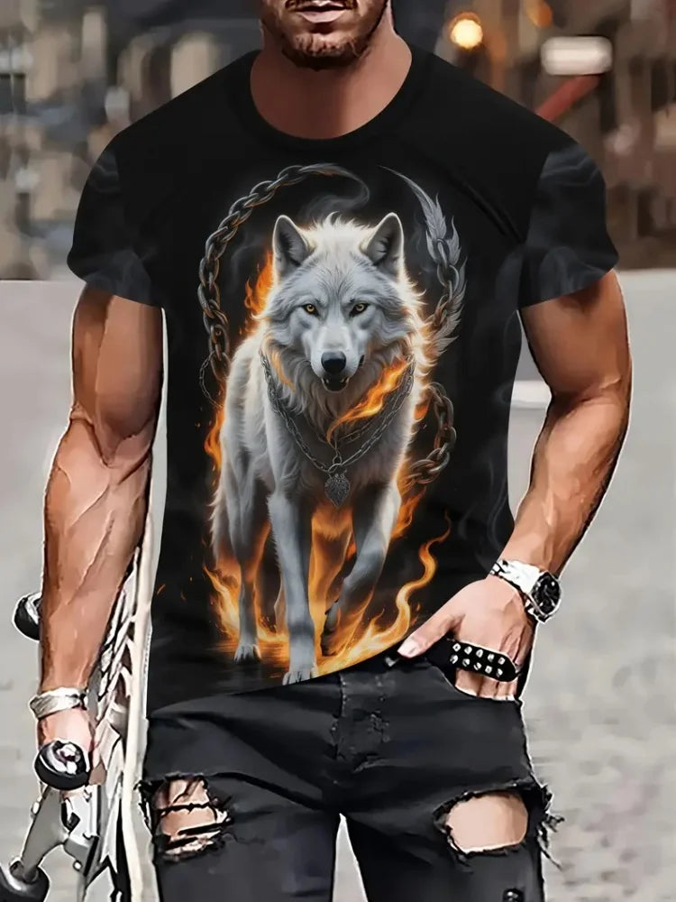 Men 3D Pattern Fire Wolf Graphic Print T-Shirt Summer Oversized Causal T-Shiet Men's Fashion Fitness Short Sleeve Clothing Tops