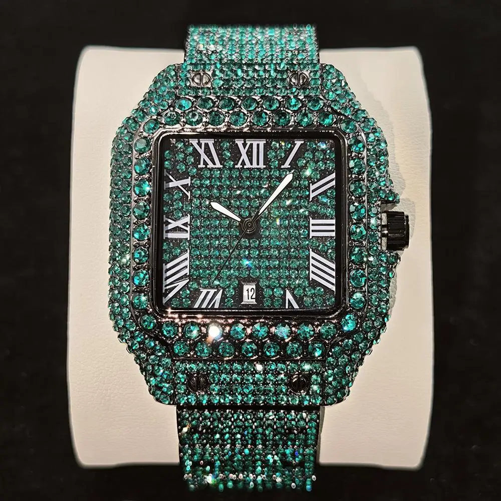 Green Diamond Watch For Men Brand UNIGUET Fashion Roman Literal Quartz Clock Man Hip Hop Iced Jewelry Square Wristwatch 2025 New