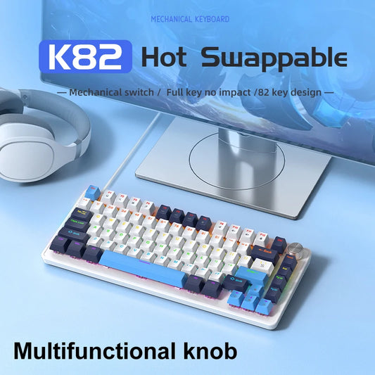 K82 75% Wired Mechanical Keyboard RGB Backlight, 82 KEY, Full Key Hot Swappable Blue Switch, Multifunctional Knob, Windows & Mac