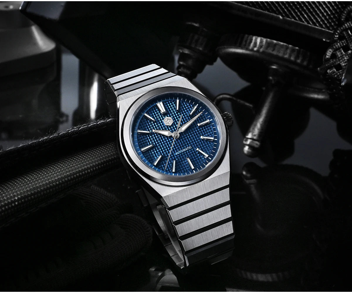 San Martin 39mm Luxury Men Sports Watch Waffle Dial Integrated Bracelet Miyota 90S5 Automatic Mechanical Clear Caseback SN0152