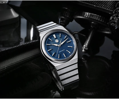 San Martin 39mm Luxury Men Sports Watch Waffle Dial Integrated Bracelet Miyota 90S5 Automatic Mechanical Clear Caseback SN0152
