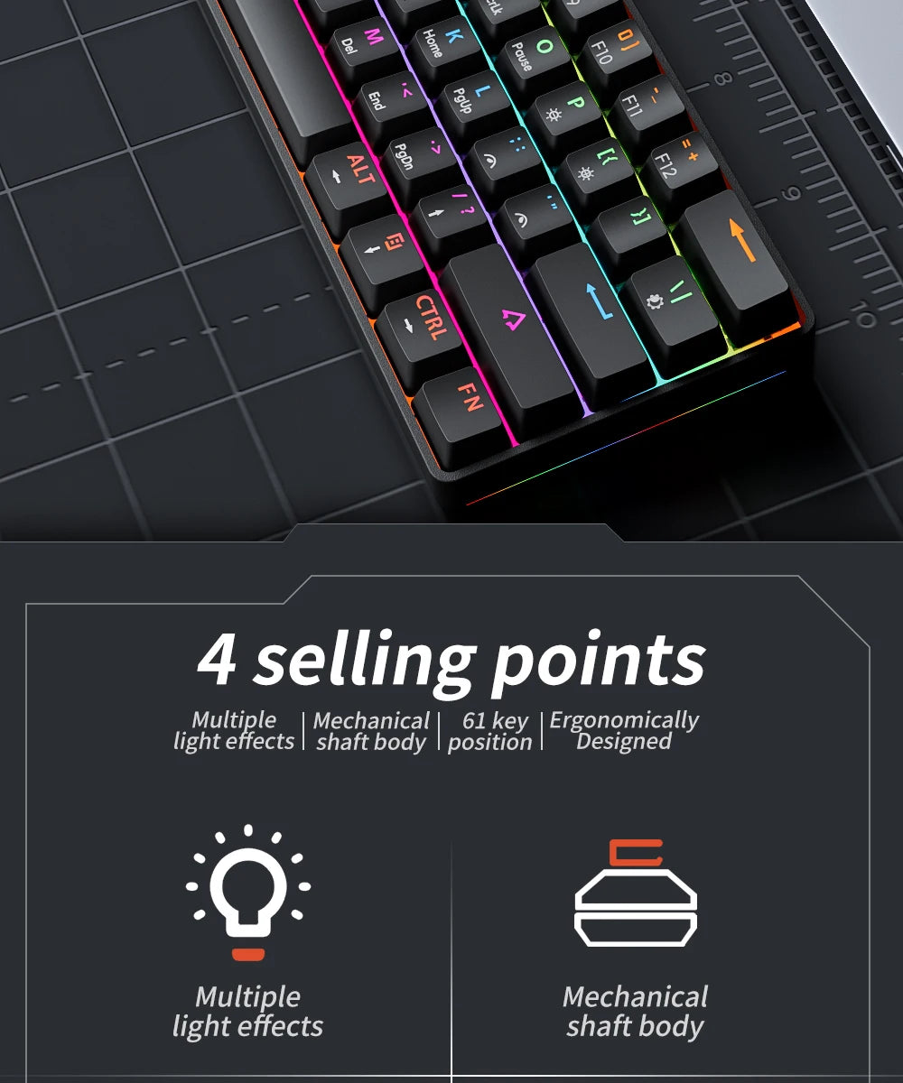 MUCAI MK61 USB Gaming Esports Mechanical Keyboard 61 Key Red Axis Wired Detachable Cable RGB Backlight Hot Swap