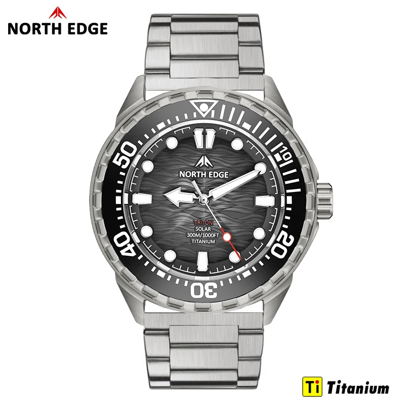 NORTH EDGE TRITON-TI Titanium Stainless Solar-Powered Diving Watch Luxury Quartz Watches For Men 300M Waterproof 180+ Day Power