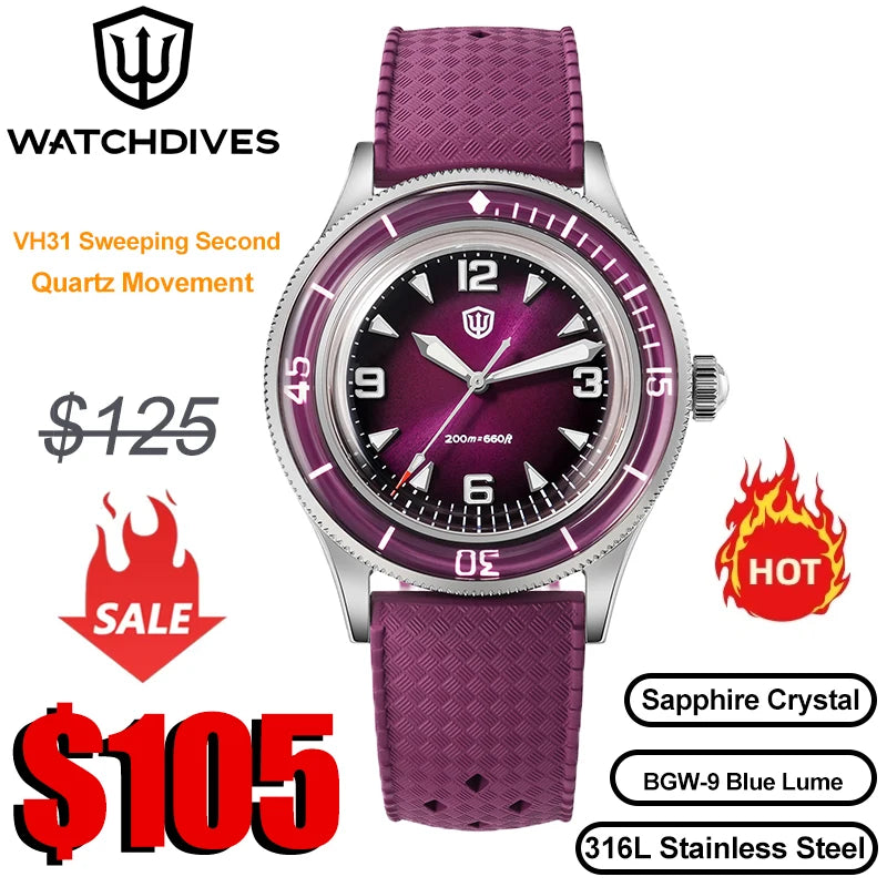 Watchdives 50-Fathoms Watch VH31 Sweep Seconds Quartz Movement Luminous 200m Waterproof Sapphire Stainless Steel  Watches WD50Q