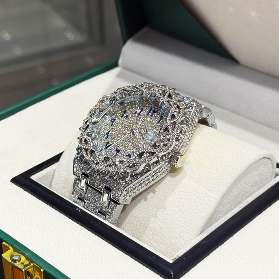 Luxury Full Diamond Men's Quartz Watch Thorn Bracelet Hip Hop Style Date Display with Luminous Function Men business Wristwatch
