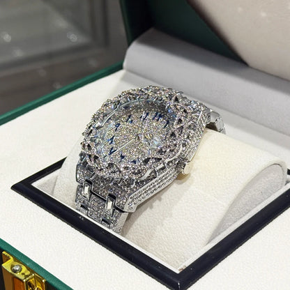 Luxury Full Diamond Men's Quartz Watch Thorn Bracelet Hip Hop Style Date Display with Luminous Function Men business Wristwatch