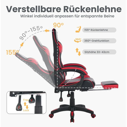 360 ° - Swivel Ergonomic Racing Design Gaming Chair Leather, Headrest and Lumbar Support for Office and Gaming - Black&Red