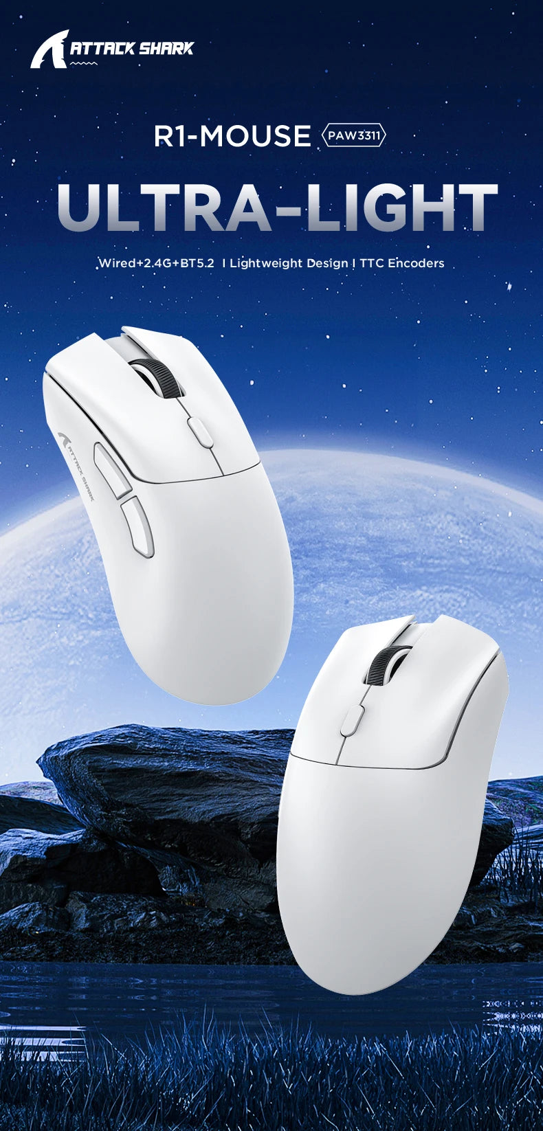 Attack Shark R1 18000dpi Wireless Mouse, 1000Hz, Tri-mode Connection, PAW3311, Macro Gaming Mouse