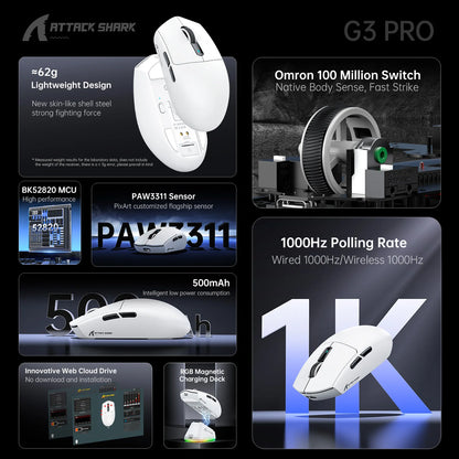 ATTACK SHARK G3PRO Tri-mode Wireless Gaming Mouse with Charge Dock 25000 DPI Ultra Lightweight, PAW3311 Sensor