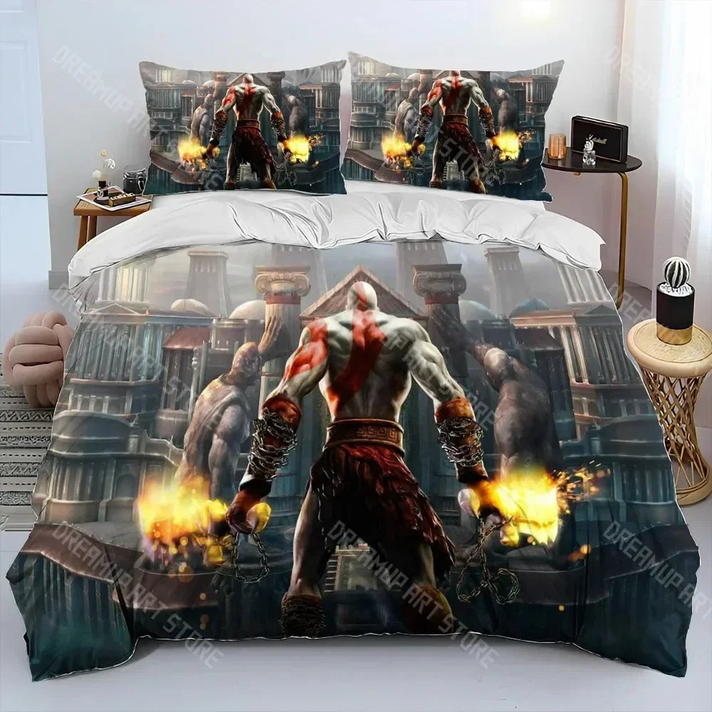 God of War Game Gamers Kratos Comforter Bedding Set,Duvet Cover Bed Set Quilt Cover Pillowcase,king Queen Size Bedding Set Kids
