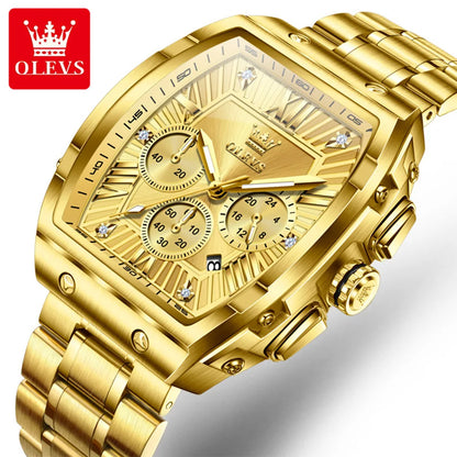 OLEVS New Design Tonneau Watch Men Luminous Waterproof Date Stainless Steel Chronograph Quartz Watches for Men Relogio Masculino