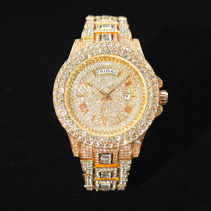 Men's Gold Quartz Watches Calendar Week Display Diamond Watch For Man Dropshipping