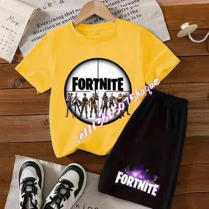 Conjunto infantil de verão Fortnite com t-shirt e calções anime, 2 peças, manga curta, algodão, casual, desportivo, presente