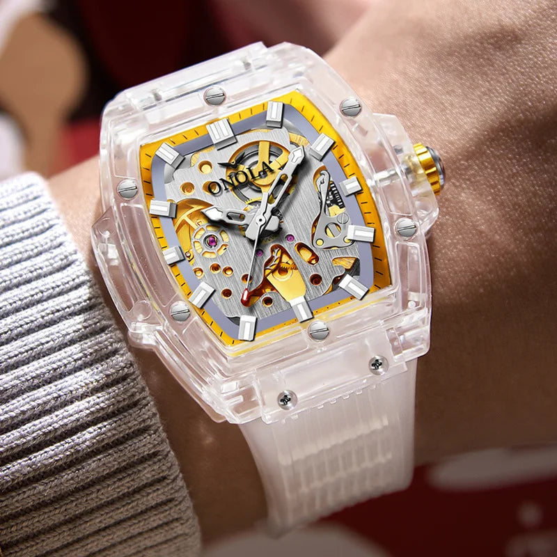 Luxury men's watch onola plastic transparent hollow full automatic mechanical watches men waterproof clock