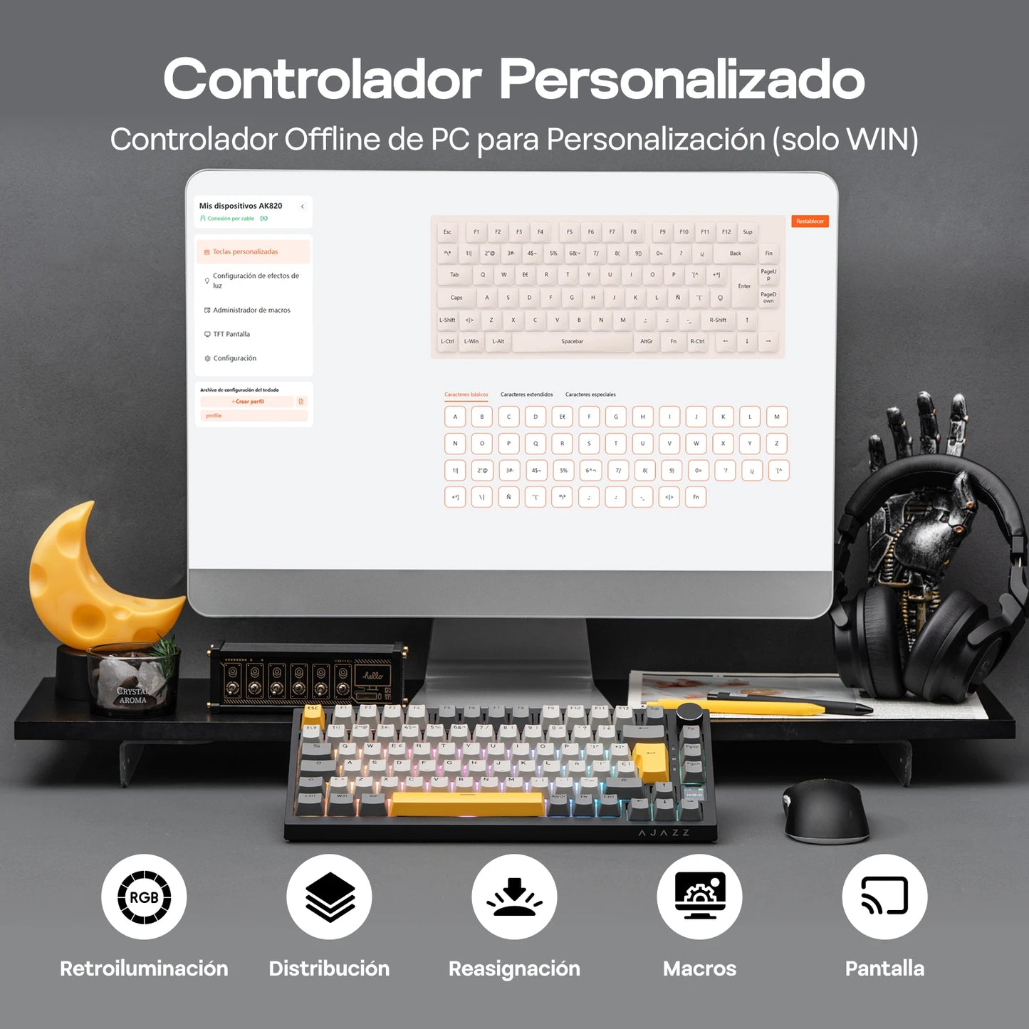 ISO-ES-Layout EPOMAKER X AJAZZ AK820 PRO 75% Spanisches Layout Kabelgebundene/2.4GHz/BT mechanische Tastatur mit Display & Drehregler für PC/Mac