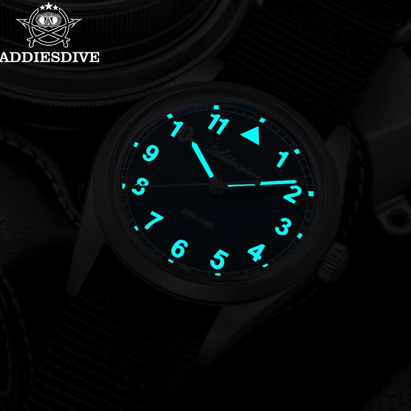 ADDIESDIVE Luxury Quartz Watch For Men New 36mm AR Coated Bubble Glass AD2079 Luminous 100m Waterproof Stainless Steel Men Gift