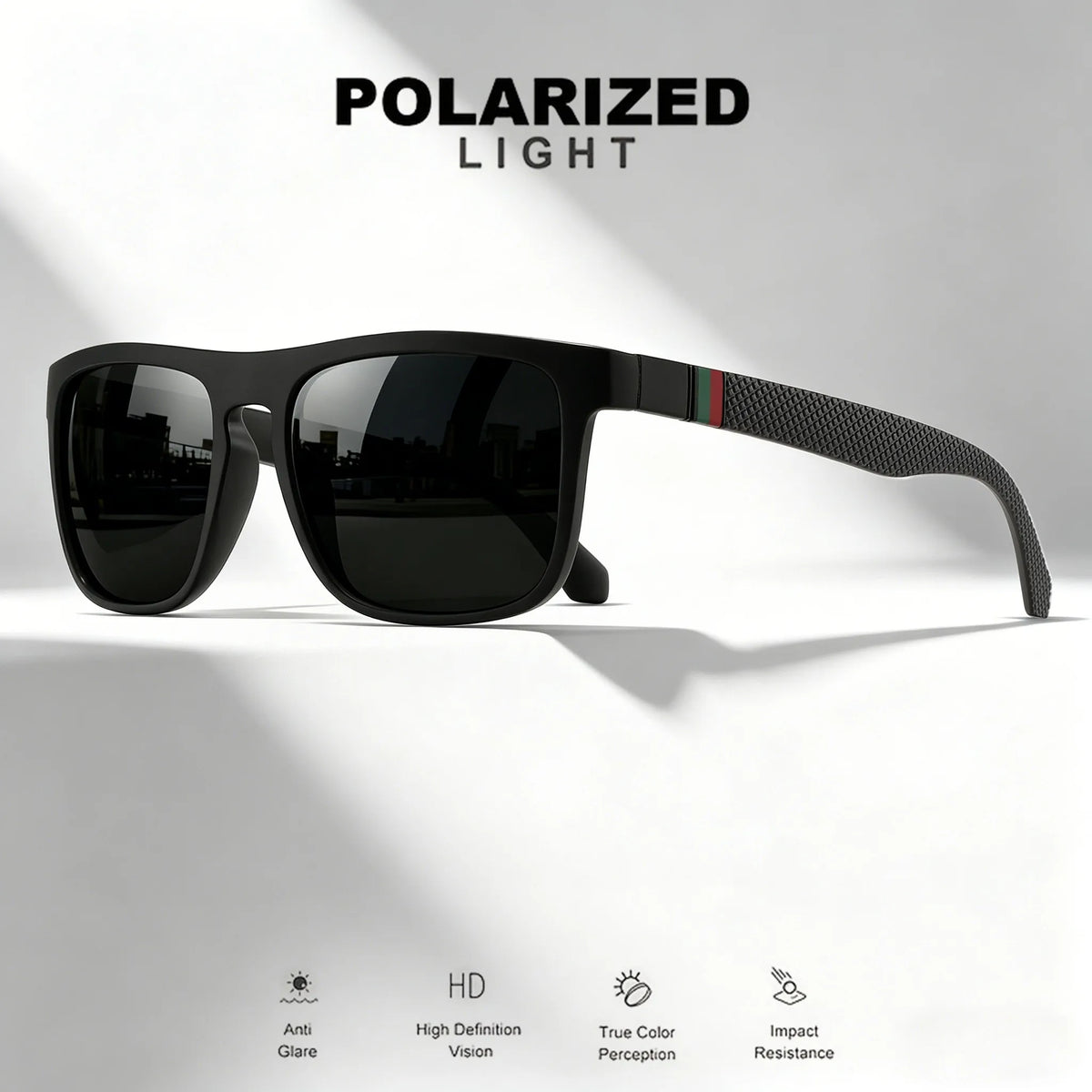 3 ks klasických retro polarizovaných čtvercových slunečních brýlí – červené/zelené pruhované stranice, UV400, unisex, pro každodenní nošení, outdoor, rybaření a řízení