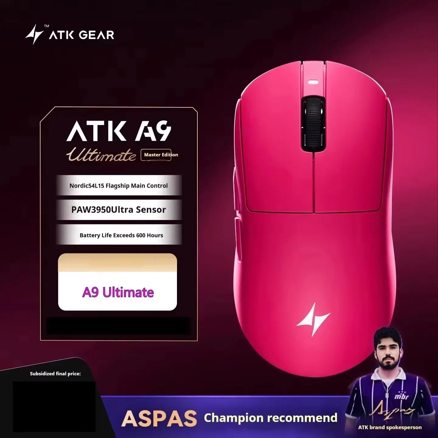 Mouse gaming wireless ATK A9 con tecnologia NearLink, ergonomico, PAW3395, tri-mode Bluetooth a bassa latenza, mouse esports per PC