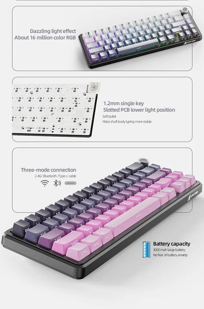 Attack Shark X66 Tastiera meccanica wireless 65% layout compatto, retroilluminazione RGB, gasket mount, hot swap, Bluetooth, USB-C, PBT, batteria ad alta capacità