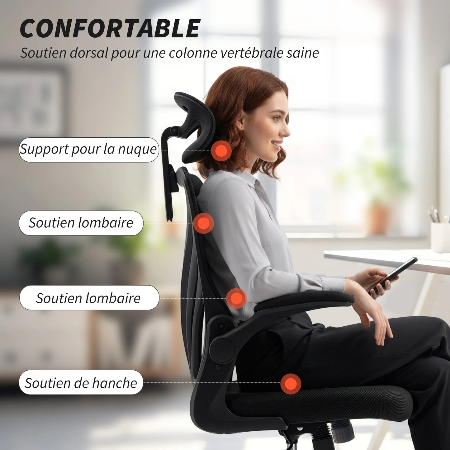 HOMCOM Chair Ergonomic desk, Mesh desk armchair with Flistable Fold, 2D Headrest, Bracing, Bracing, so