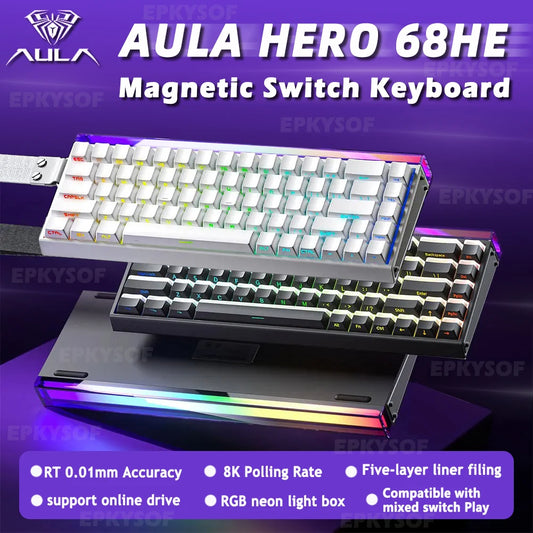 Tastiera AULA HERO 68HE con switch magnetici RGB, tastiera meccanica gaming Rapid Trigger, polling rate 8K, cablata, eSport personalizzata