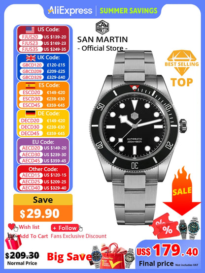 San Martin Upgraded BB58 40mm Retro Luxury Men Diver Watch NH35 Automatic Mechanical Sapphire 200m Waterproof Reloj SN0008D