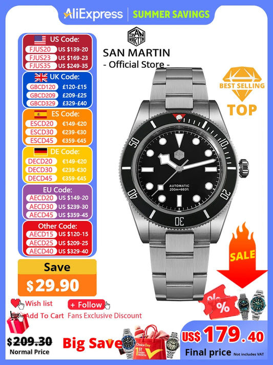 San Martin Upgraded BB58 40mm Retro Luxury Men Diver Watch NH35 Automatic Mechanical Sapphire 200m Waterproof Reloj SN0008D
