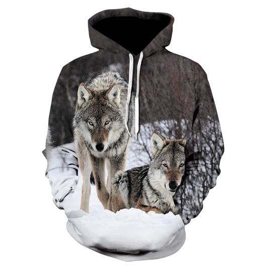 Sweat à capuz oversized Harajuku para homem e mulher, moda animal com estampado 3D, design personalizado, lobo duplo na neve