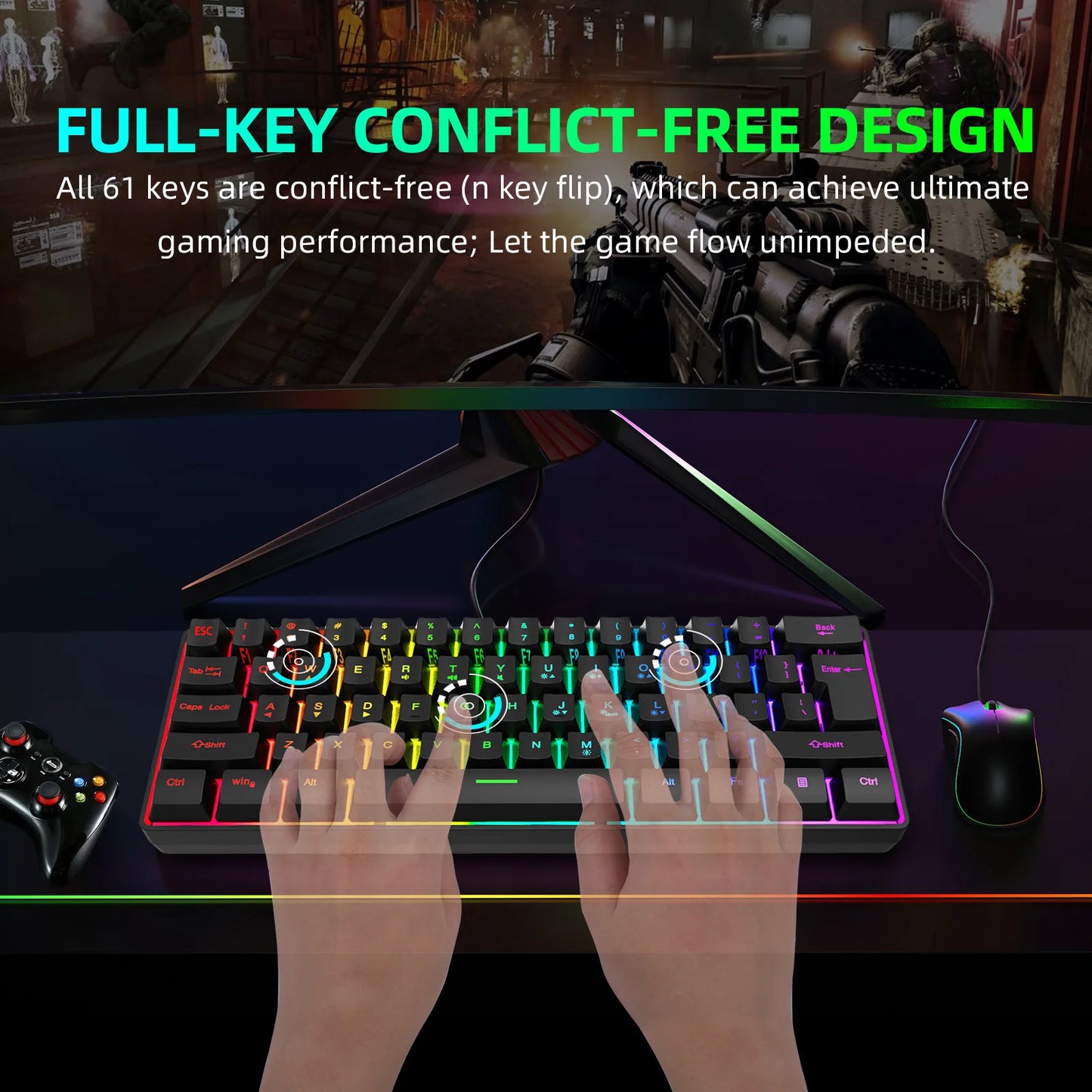 Russian Keyboard English RGB Lighting 61 Keys 60% Layout Gaming Keyboard ISO USB Wired Full Key No Impact K401 For Game Office