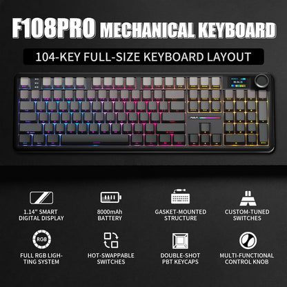 Tastiera meccanica AULA F108 PRO personalizzata layout 100%, retroilluminazione RGB, wireless Bluetooth, switch HiFi, tastiera gaming
