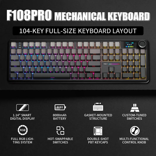 AULA F108 PRO Mechanical Keyboard Custom 100% Layout RGB Backlight Wireless Bluetooth Hifi Switch Gaming Keyboard