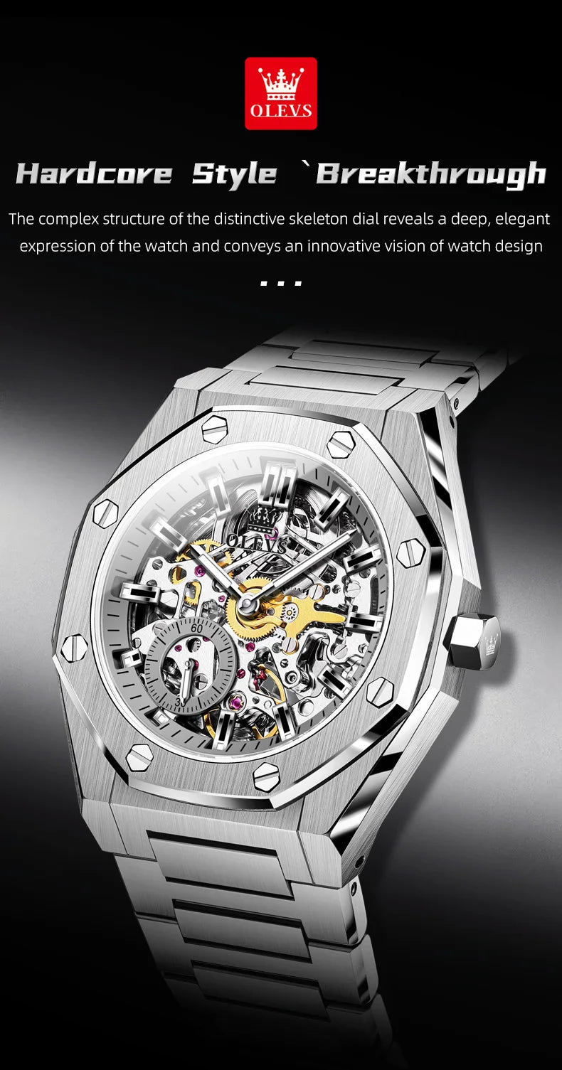 OLEVS Watches Luxury Man High Quality Original Fully Skeleton Automatic Mechanical Watch Stainless Steel Men Watches Gifts Box