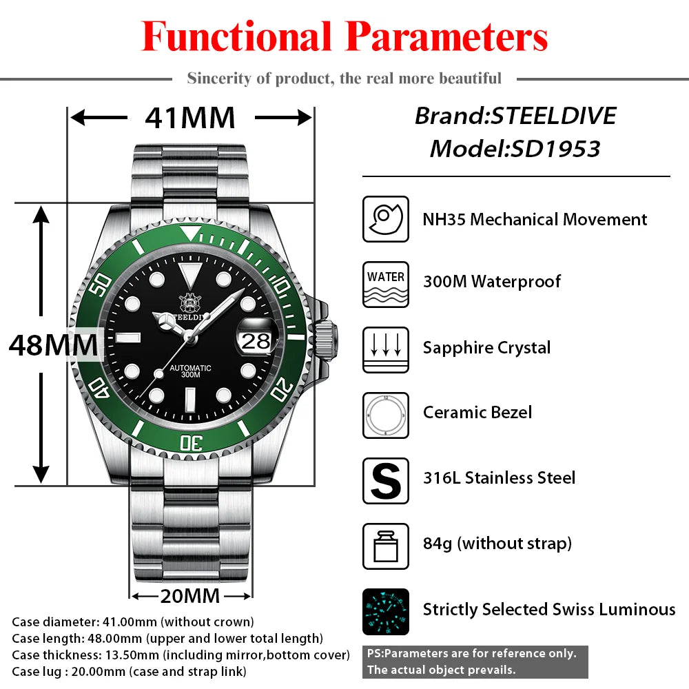 STEELDIVE SD1953 41MM Classic Water Ghost Calendar Magnifier NH35 Mechanical Movement BGW9 Super Luminous 30Bar Waterproof Watch