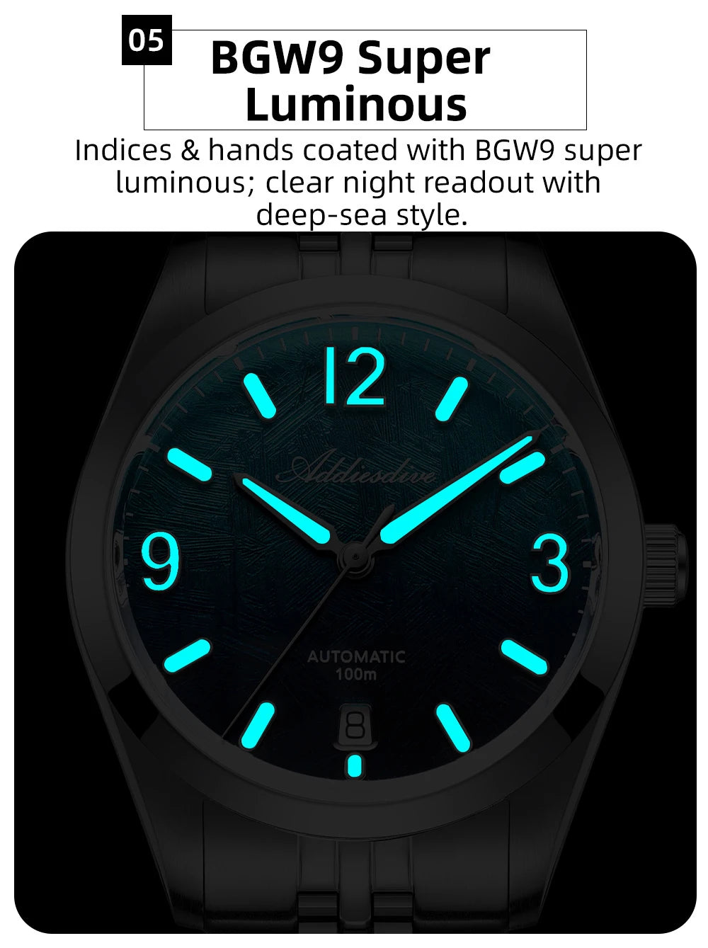 ADDIESDIVE AD2547 BGW9 Super Luminous Men Watch Sapphire Glass 10Bar Waterproof  316L Stainless Steel Automatic Mechanical Watch