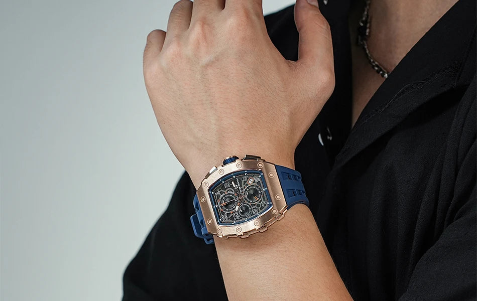 TSAR BOMBA Uhr für Herren, Luxusmarke, Tonneau-Design, wasserdichte Uhr, Edelstahl-Armbanduhr, modische rechteckige Herrenuhr