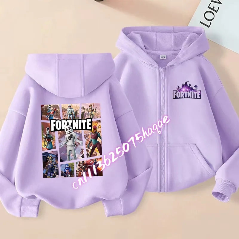 Casaco Outdoor Infantil Cartoon FORTNITED para Rapariga e Rapaz, Sweatshirt com Fecho, Corta-Vento Fino de Alta Qualidade para Outono, Peça Superior de Vestuário