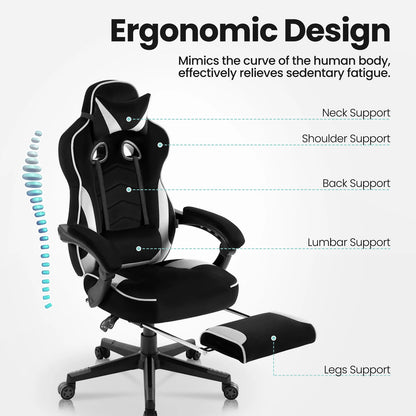 WOLTU Racing Gaming Chair Ergonomic Office Chair with Footrest, Adjustable Reclining Gamer Chair, Swivel Computer Desk Chair with Headrest & Lumbar Support