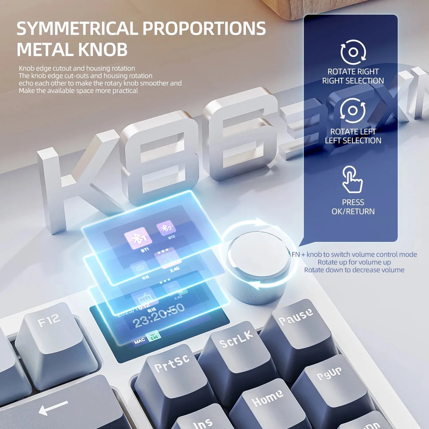 Teclado mecánico ATTACK SHARK K86 con perilla metálica, pantalla inteligente TFT a color, diseño de 87 teclas, iluminación RGB y conexión trimodo