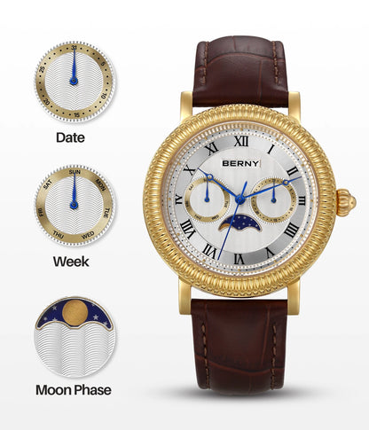 BERNY Watches for Men Luxury Dress Brand Business Gold Quartz Real Moons Man Watch S/S Sapphire Calendar Moon Phase Wristwatch