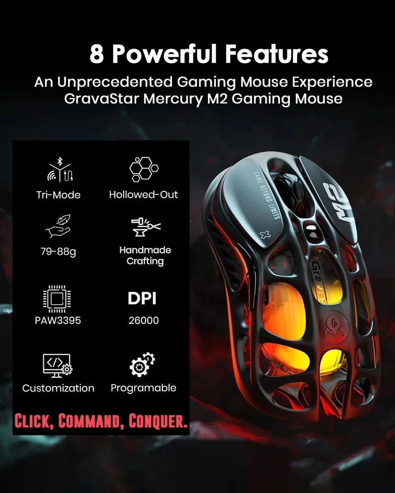 New GravaStar M1 M2 Wireless Magnesium Alloy Gaming Mouse PAW3395 4K 26000DPI Bluetooth 2.4G Wired Hollow Design Gamer Mouse
