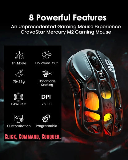 New GravaStar M1 M2 Wireless Magnesium Alloy Gaming Mouse PAW3395 4K 26000DPI Bluetooth 2.4G Wired Hollow Design Gamer Mouse