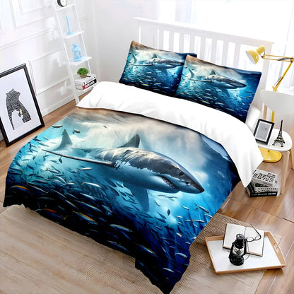 Shark Swimming Through Fish Swarm Print Soft Comfortable Duvet Cover Bedding Set Includes 1*Duvet Cover 2*Pillowcases