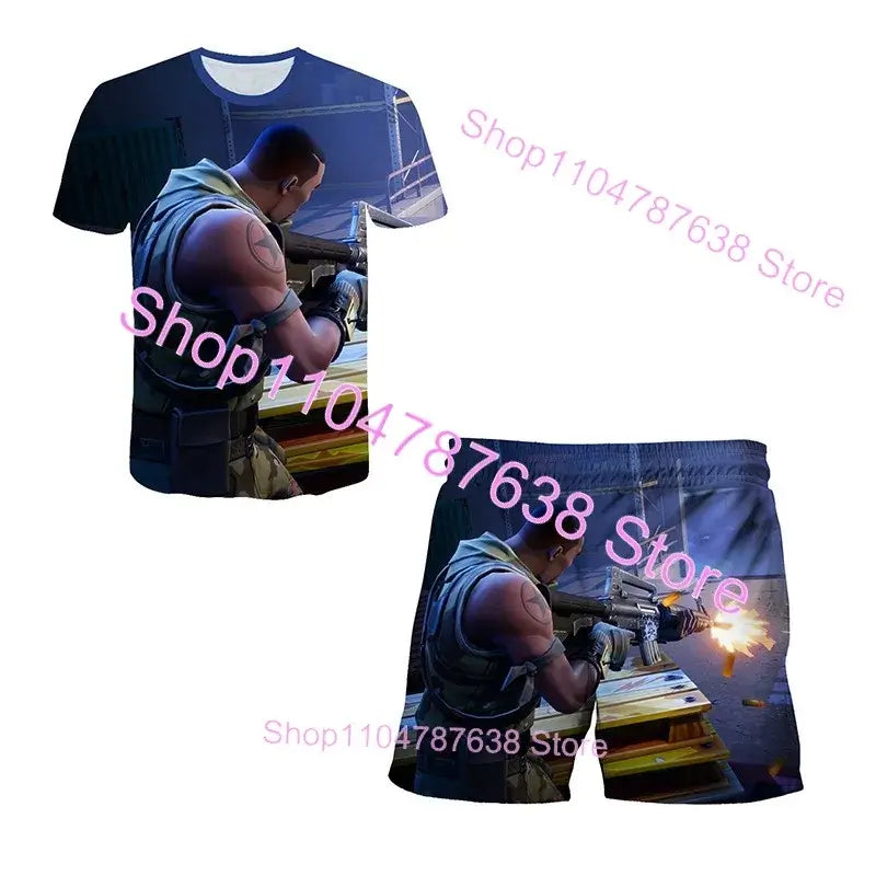 2PCS Suits F-Fortnited Victory 3D T-shirt Shorts Kids Tops Girls Boys Battle Royale Clothes Harajuku Tees Hero Children T Shirt
