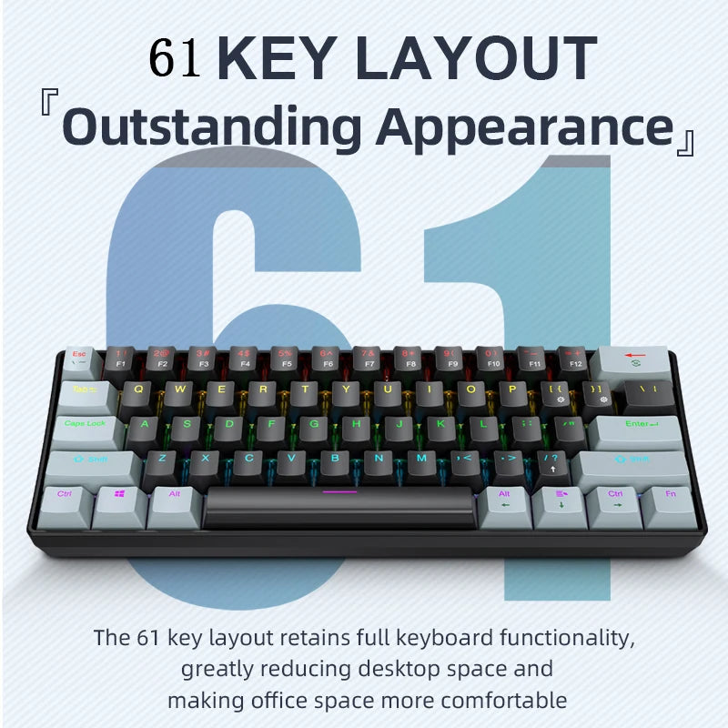 APAYADO K61 60% mini laidinė mechaninė žaidimų klaviatūra Phantom RGB, 61 klavišas, raudoni / mėlyni jungikliai, ergonomiška, nešiojama, skirta PC / nešiojamajam kompiuteriui