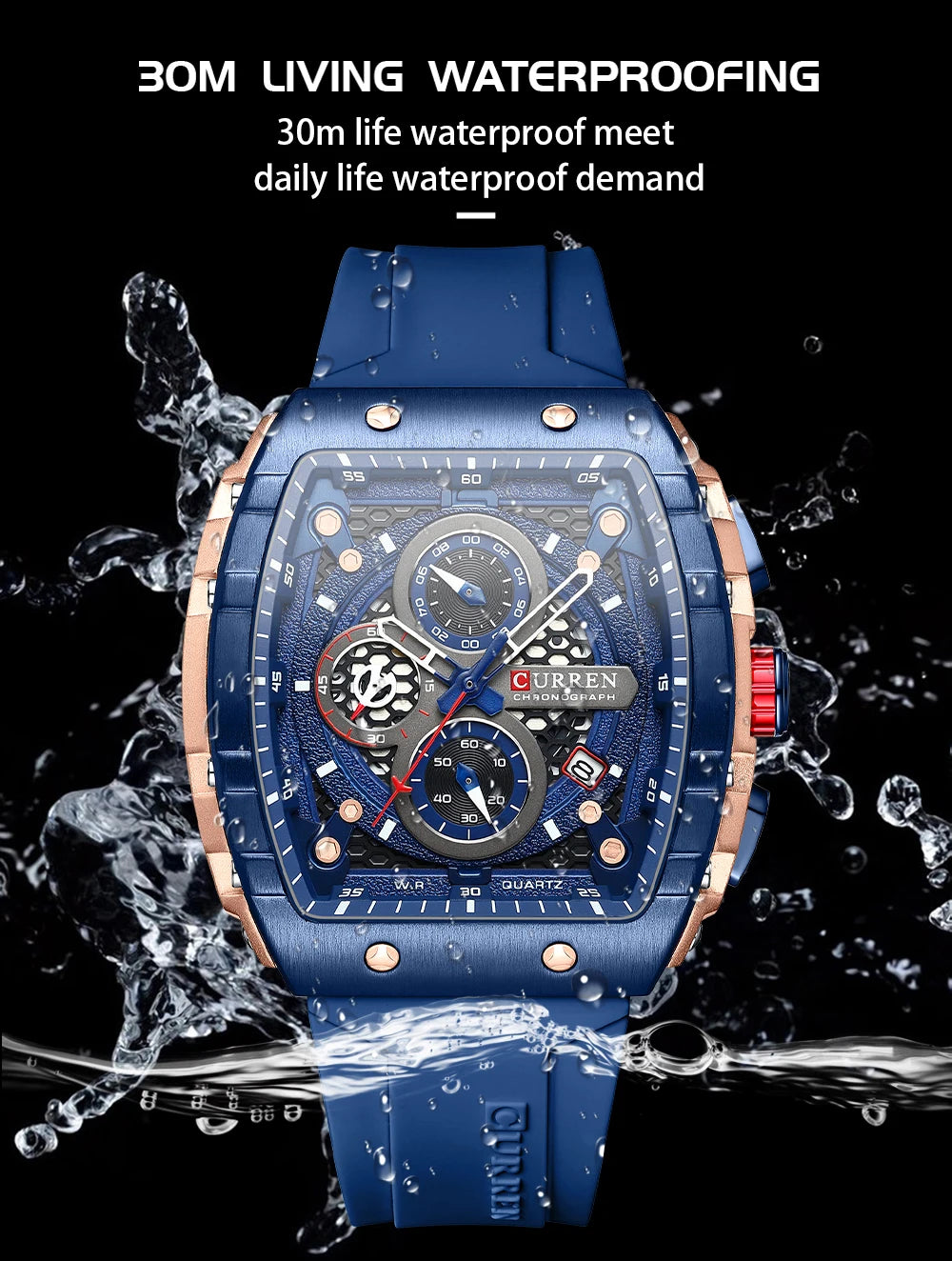 CURREN Tonneau Dial Sport Watch for Men Fashion Waterproof Quartz Wristwatch with Auto Date Yellow Silicone Strap Luminous