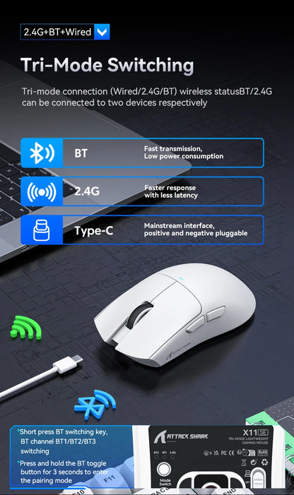 Mouse da gaming wireless ATTACK SHARK X11SE, tri-mode, ultraleggero 63g con sensore PAW3311, 22000 DPI, batteria 300mAh, doppio driver