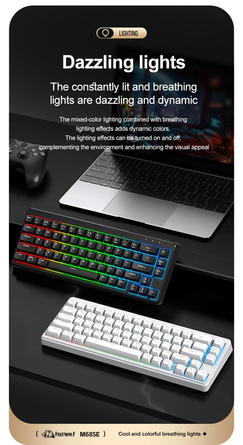 FREEWOLF M68SE Teclado con tacto mecánico de 68 teclas, mini teclado compacto con cable y silencioso para portátiles, gaming y uso de oficina