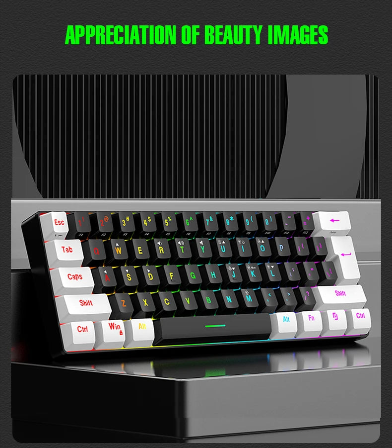 60% compact wired keyboard with 61 key membrane layout, RGB backlighting, ergonomic design, small and portable office computer