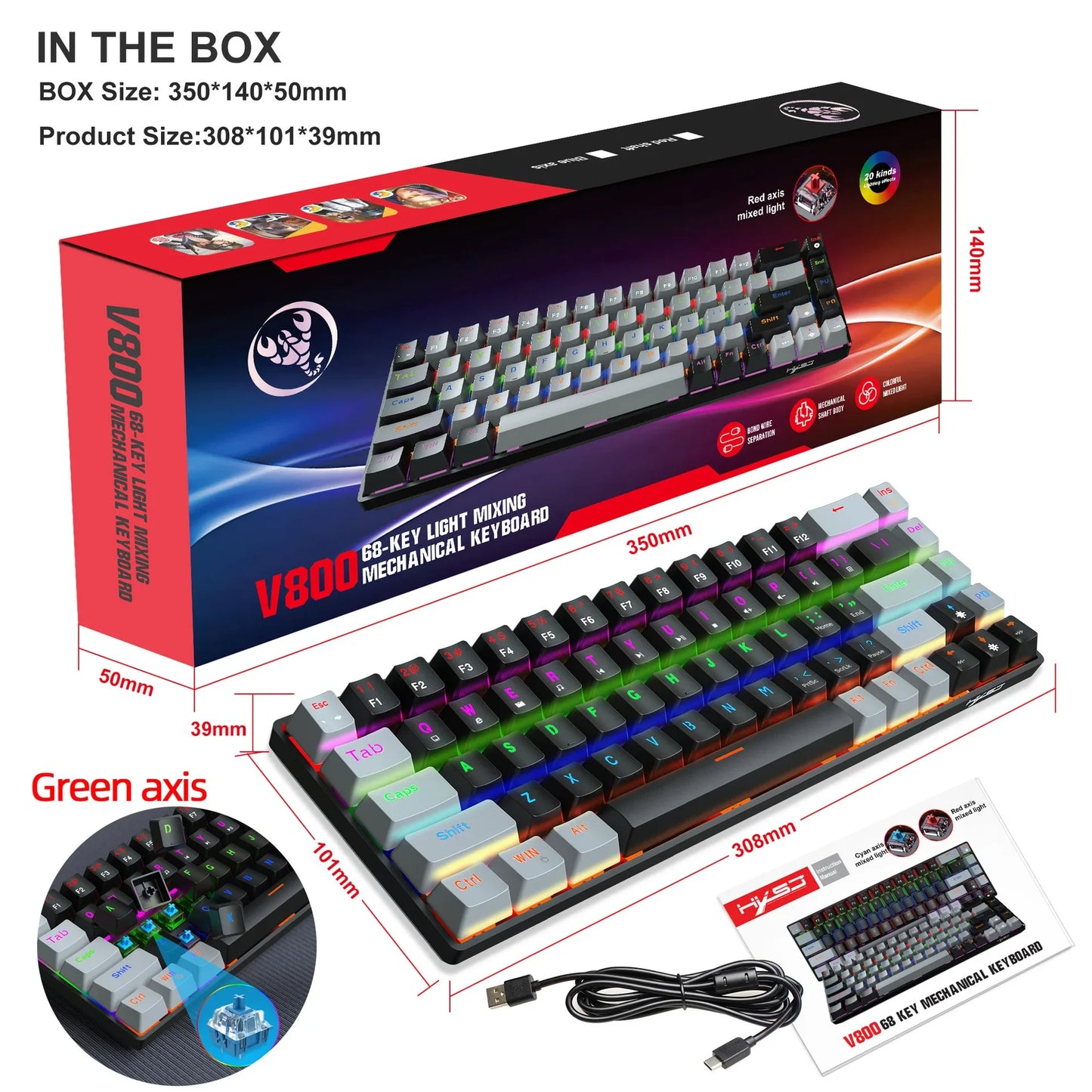 Tastiera meccanica gaming 60% USB con tasti bianchi, mini tastiera gamer ergonomica per computer, retroilluminata, tastiera PC per musica